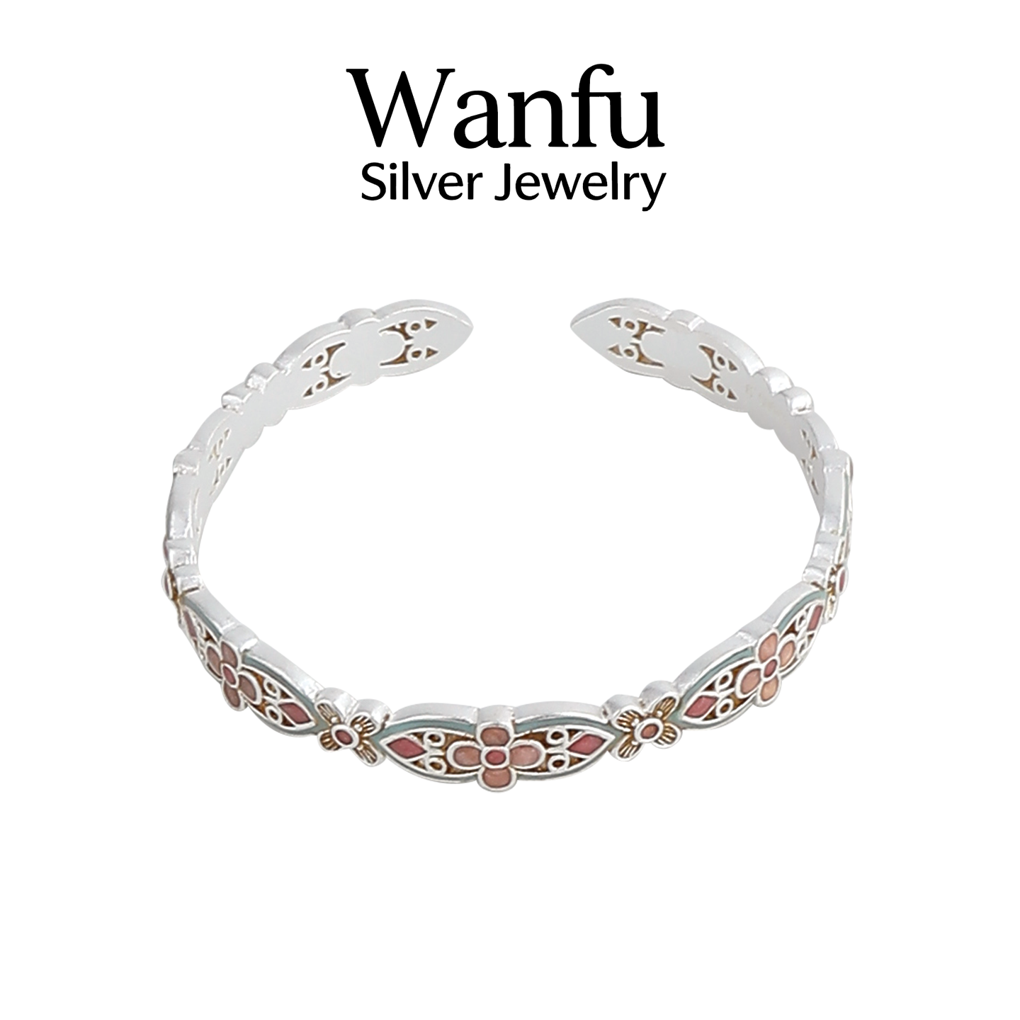 足银手镯 花满筑国风新中式宫廷复古足银999.9珐琅彩重工手镯百搭