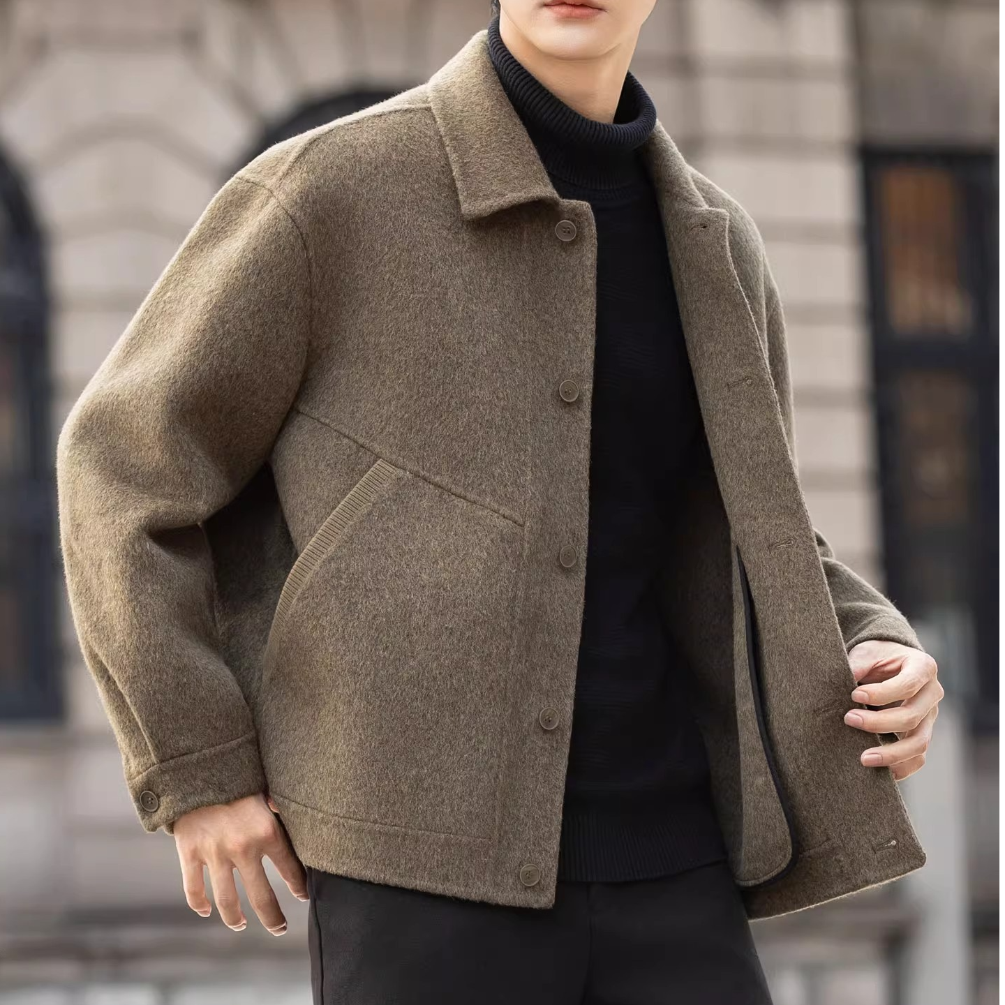 痞帅风毛呢夹克男外套冬季高级感加厚休闲双面羊毛呢子大衣男短款