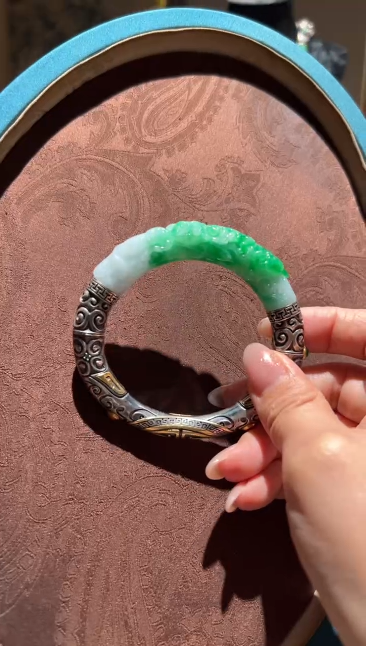 翡翠手镯银S925镀金镶嵌红翡绿翠 