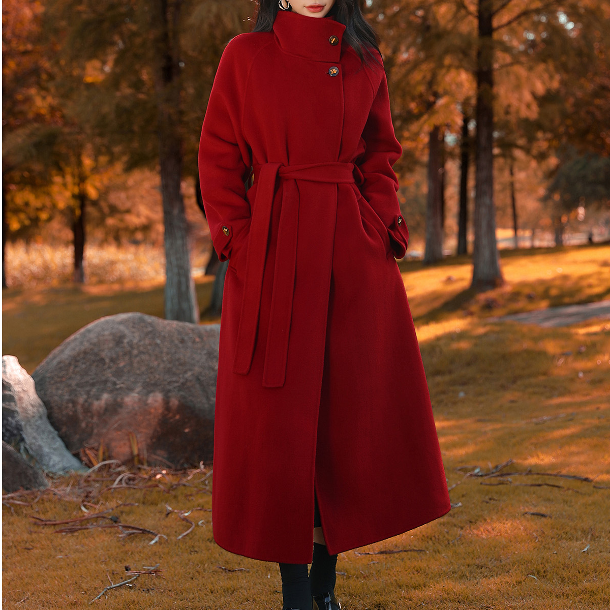 300--399秋冬款中长款外套大衣风衣冬季加厚洋气毛呢红色