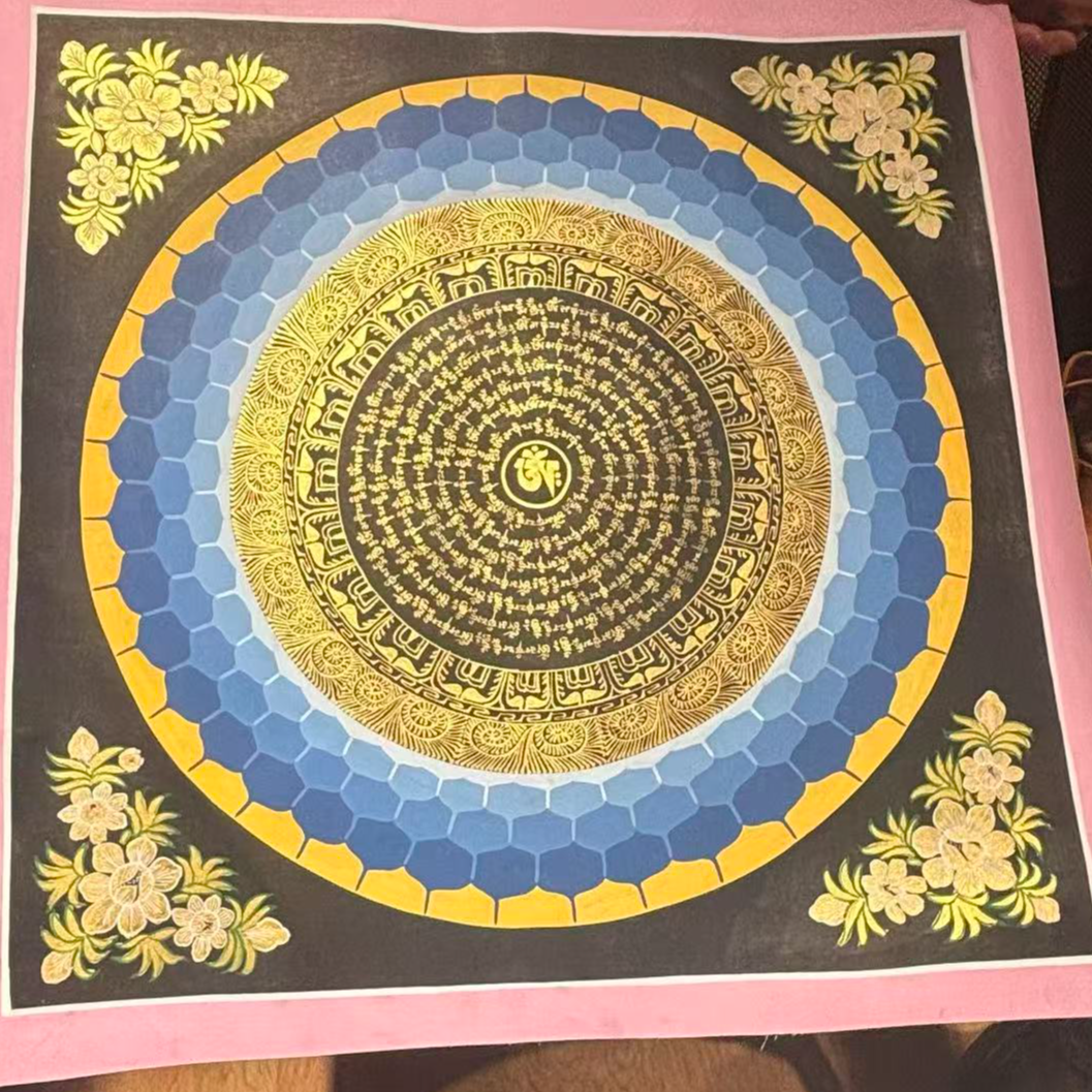 【雲夢澤】尼泊尔纯手绘唐卡 六字真言坛城50x50cm