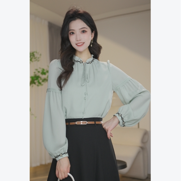 【婷婷甄选】流光色新春衬衫女长袖2025年新款通勤8591661豆荚绿