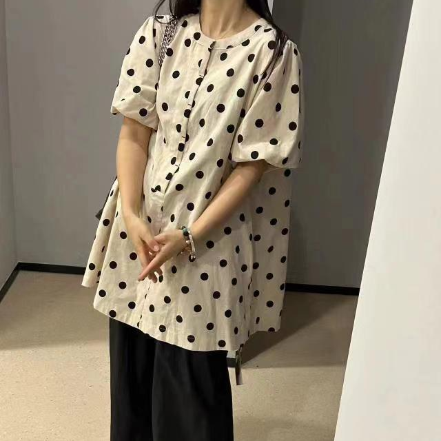5129波点泡泡袖圆领衬衫