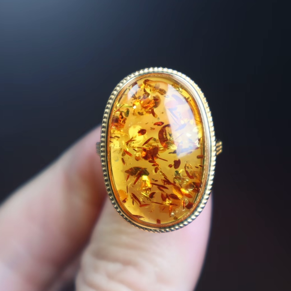 天然琥珀（花珀）戒指复古气质精美