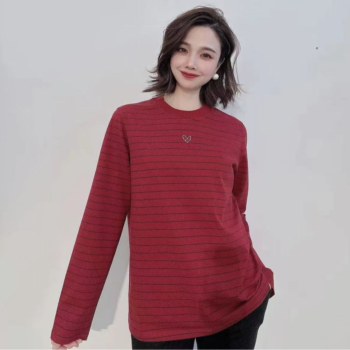 GIRDEAR/哥弟秋冬新款气质慵懒感时尚条纹百搭休闲长袖T恤1300866