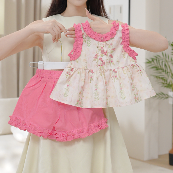 2025夏季蕾丝女童高级粉碎花百搭无袖上衣短裤两件套套装SA3106