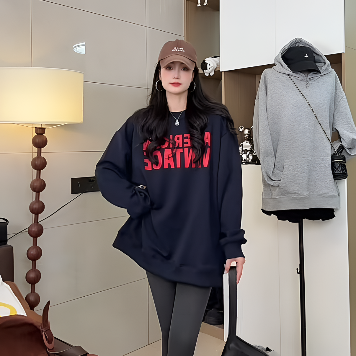 2025慵懒风长袖冬季加绒加厚印花卫衣女圆领休闲百搭韩版男女同款