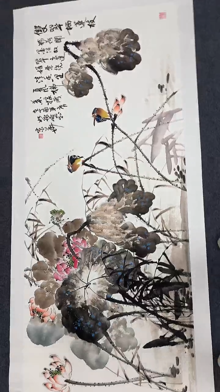横款精品小六尺花鸟荷花，双翠