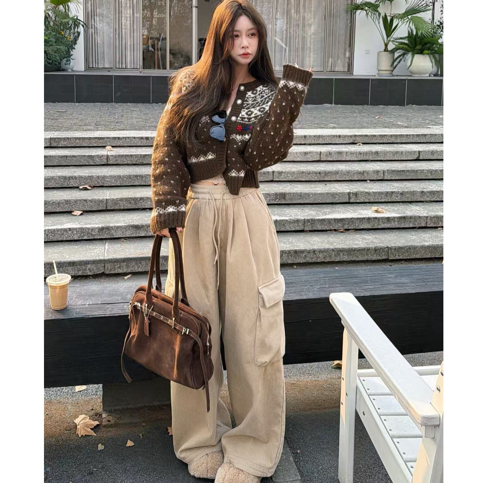 【YKL】榛果森林 摩卡肤蕾丝吊带棕色提花毛衣卡其工装抽绳休闲裤