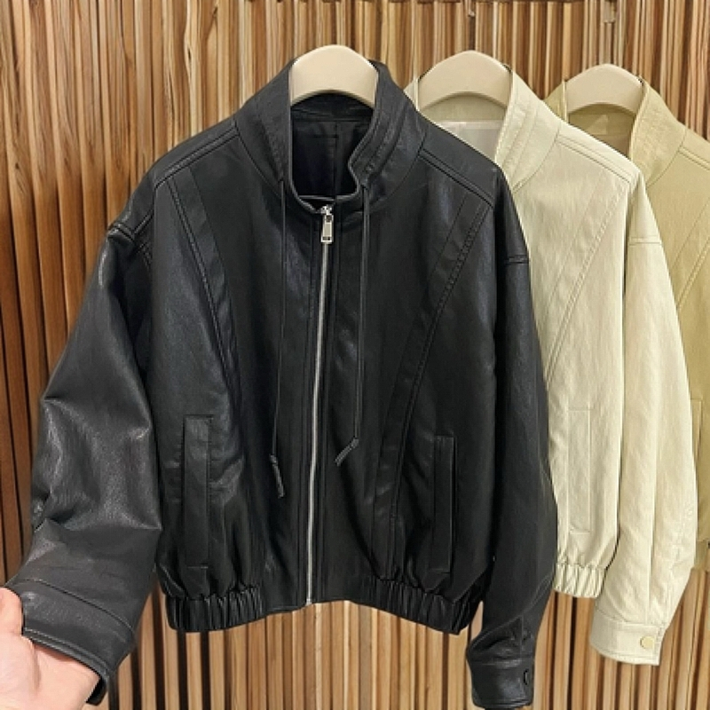2025春季新款美式复古蛋白皮机车服上衣夹克潮