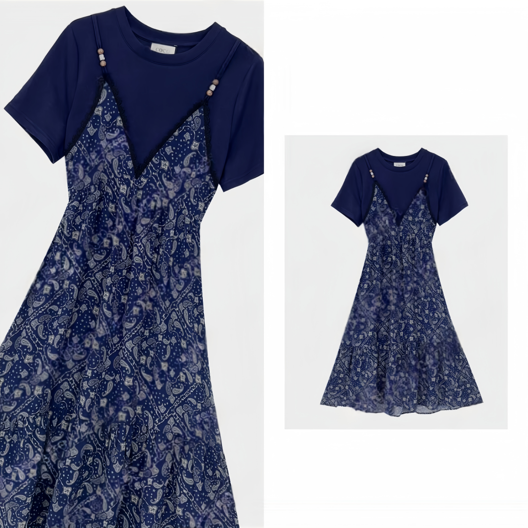 【宠粉价】轻奢碎花拼接时尚减龄短袖宽松潮流连衣裙NH-A140