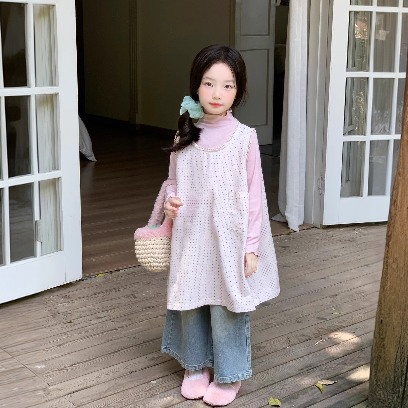 2025韩版女童洋气百搭打底长袖背心裙宽松阔腿牛仔裤秋季简约套装