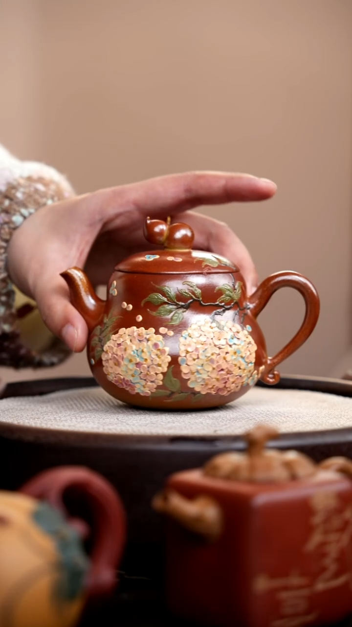 茶壶紫砂柴烧葫芦壶葫芦钮绣球花  