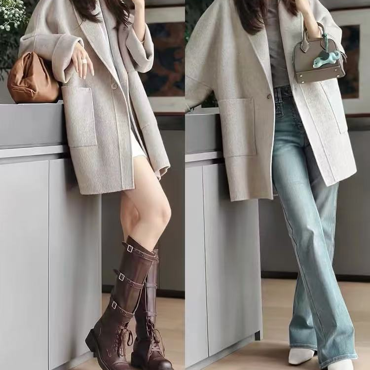 狄安娜羊毛大衣 桑蚕丝羊毛_宽松一粒扣口袋呢外套