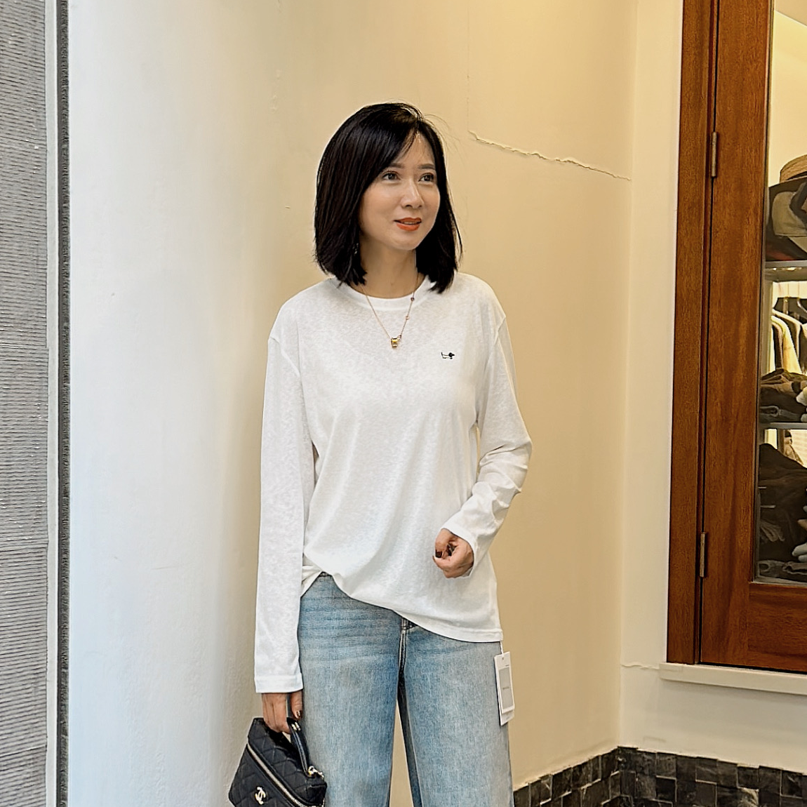 小狗标棉麻白色长袖T恤#纯色显瘦时尚