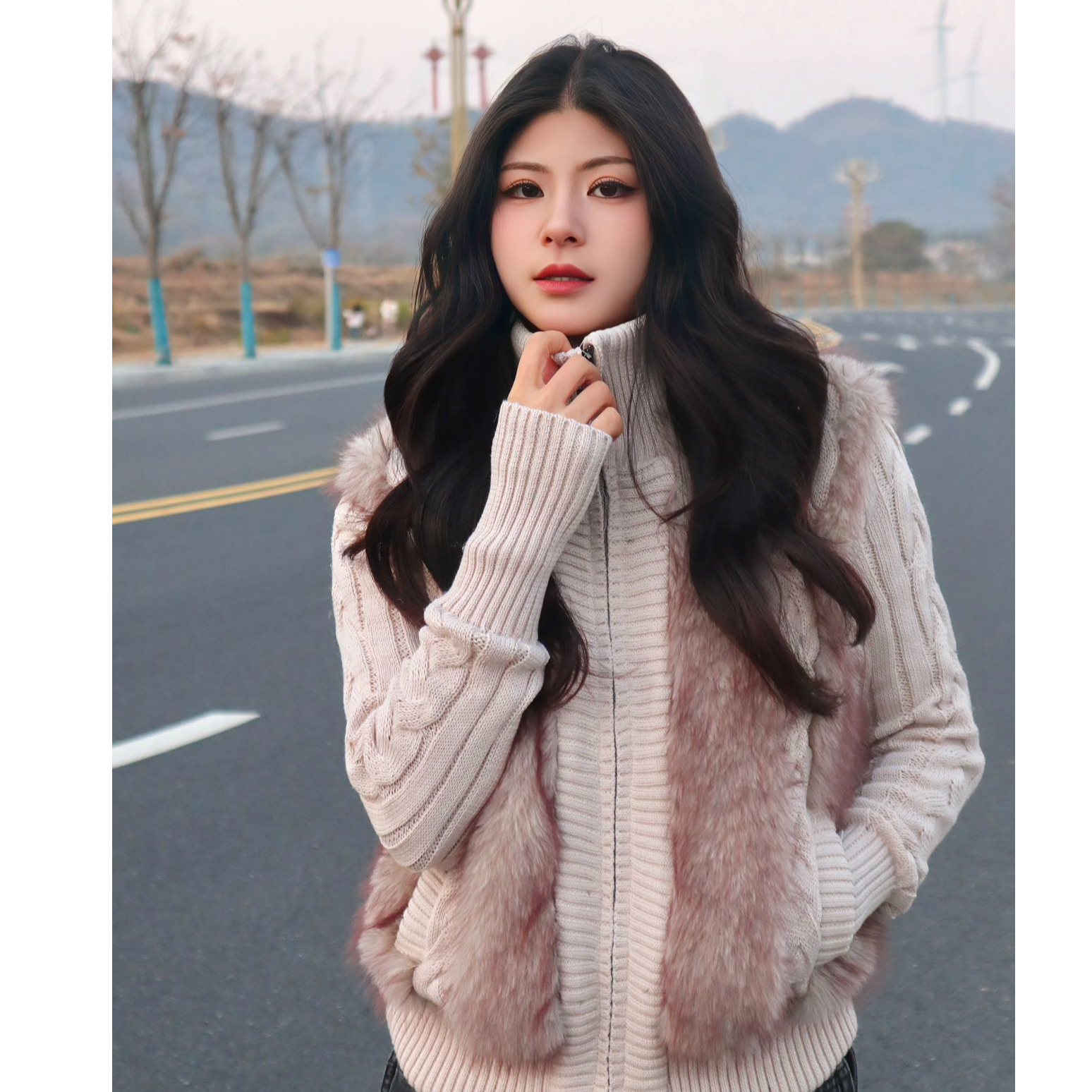 【US】立领假两件~毛衣拼人造皮草慵懒拉链外套时尚通勤百搭