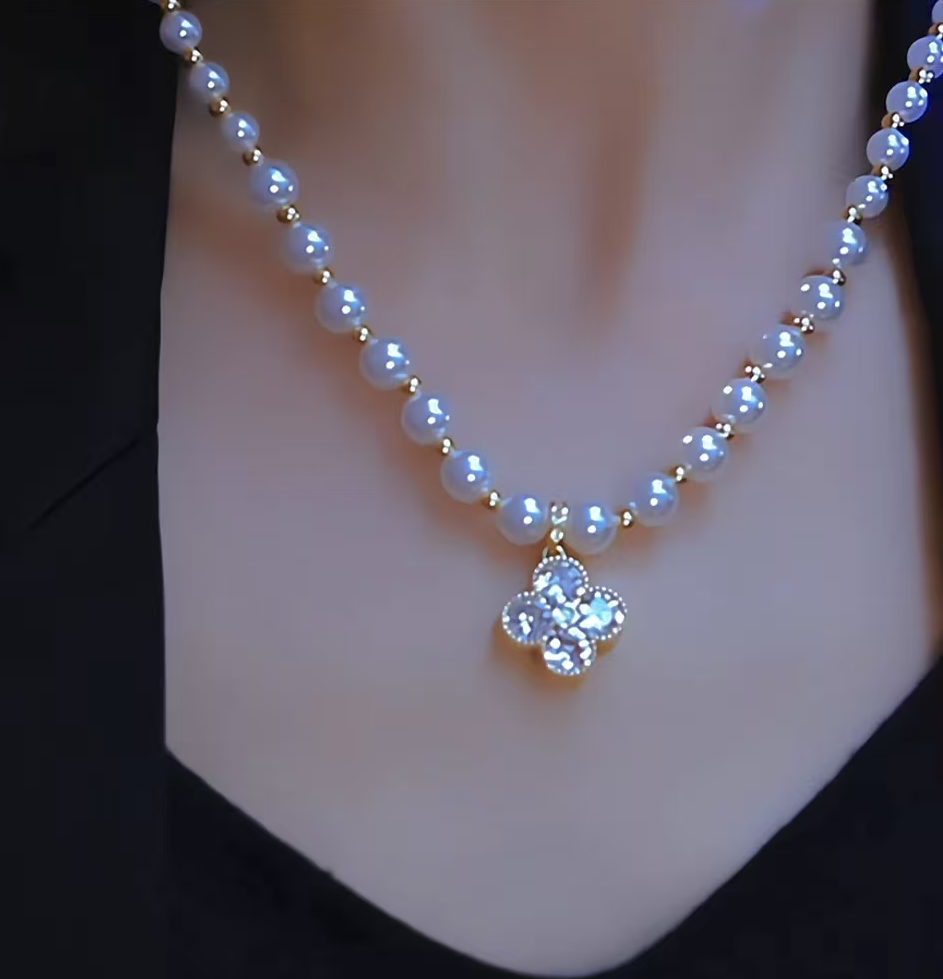 合金仿珍珠项链 简约风原创设计甜美轻职风女白色设计感百款D010