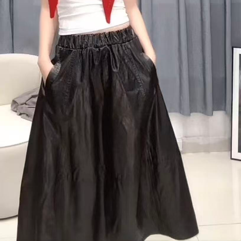 【3033】真皮长裙花苞裙松紧腰高腰半身裙中长裙薄款休闲风