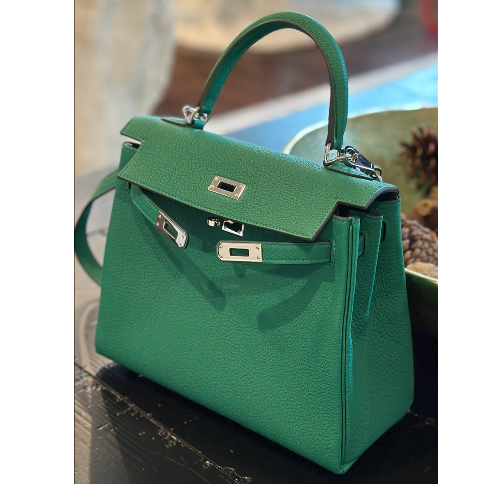 99新 Hermes/爱马仕 小花6珊 Kelly 28 丝绒绿 Togo皮 A刻 银扣 