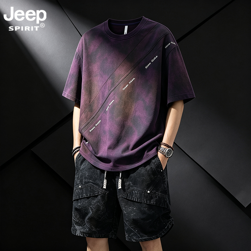 JEEPSPIRIT吉普套装男士夏季新款美式休闲宽松透气短袖短裤两件套