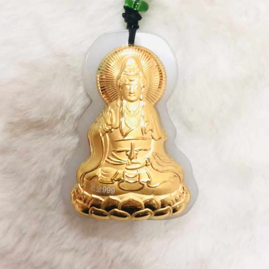 黄金真金镶嵌观音吊坠N51 带绳子 带证书礼盒 白 LL