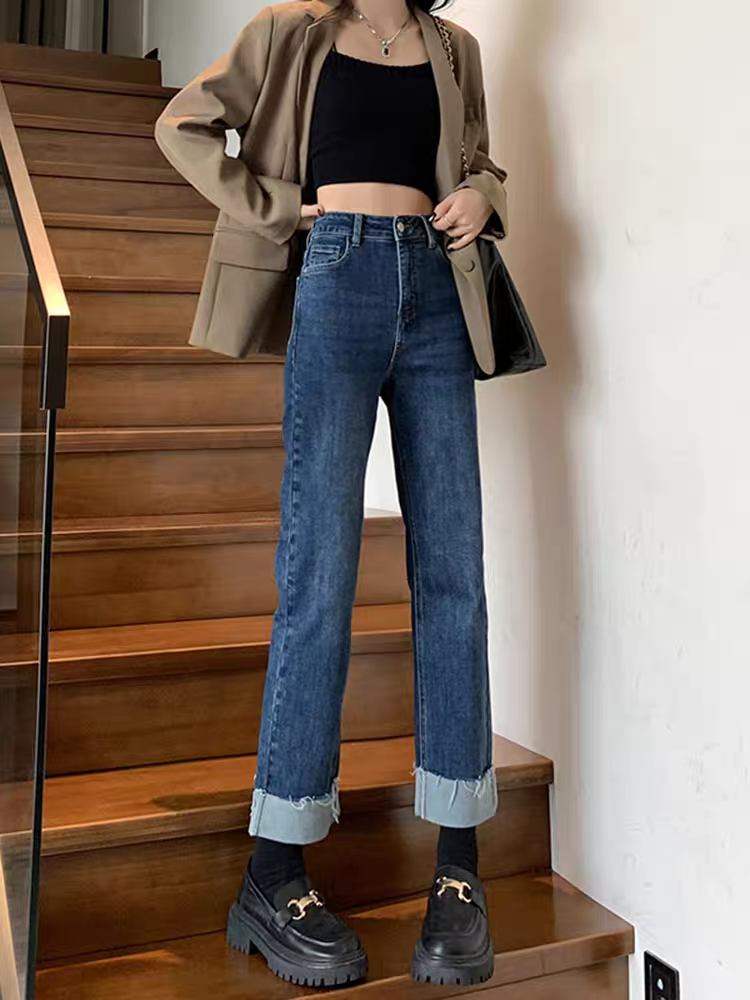 （品牌剪标 断码清）卷边直筒小个子深蓝色烟管裤