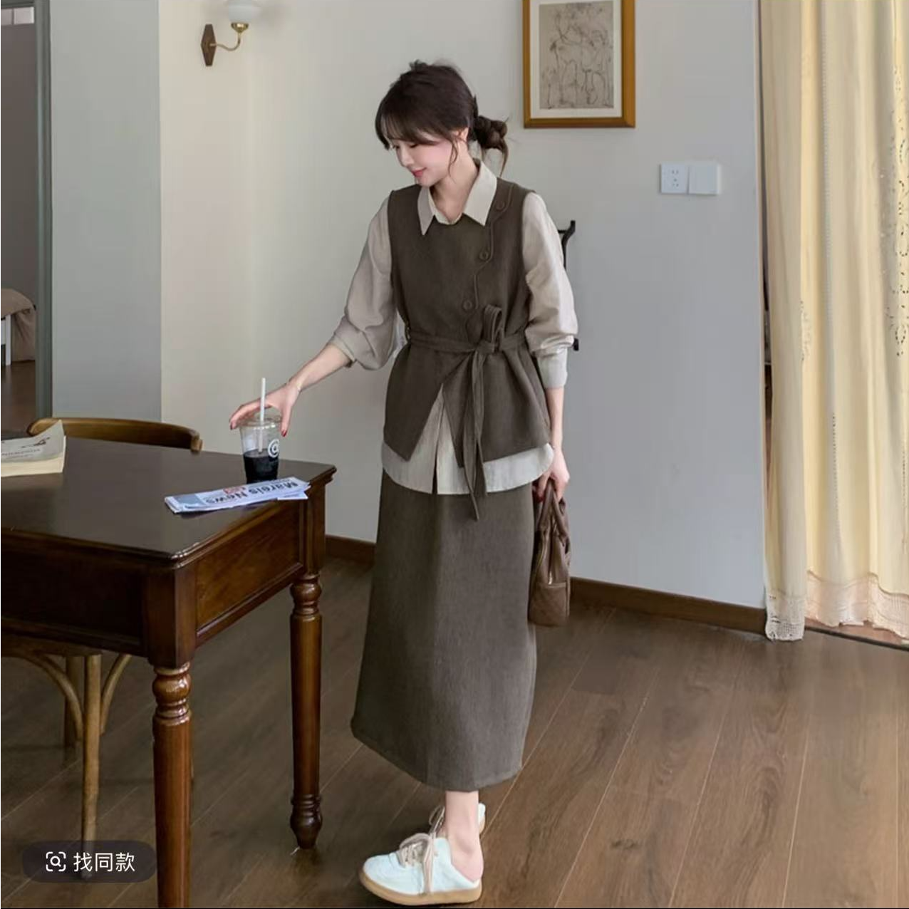 咖色气质套装女2025新款设计感花边马甲衬衫半身裙三件套Q768222