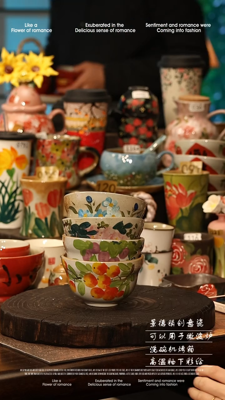 陶瓷四件套景德镇高温釉下彩手工手绘款式