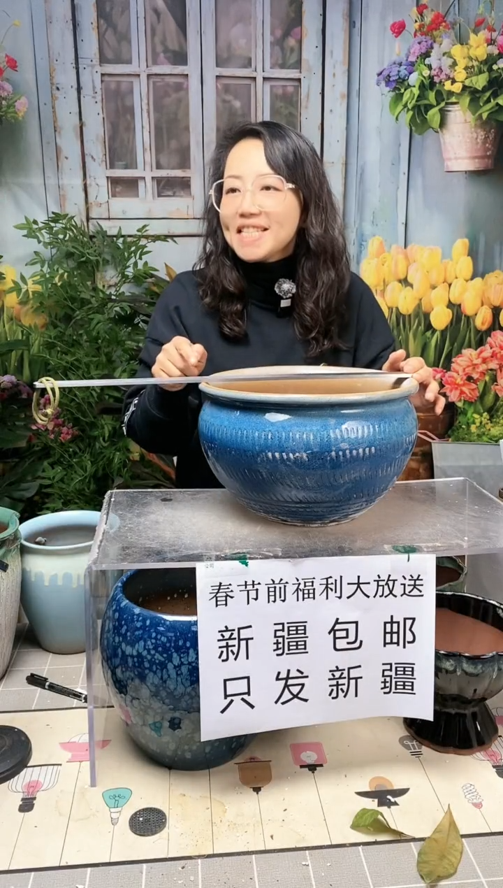 【闪购商品】红陶蓝色竖纹大圆一个装