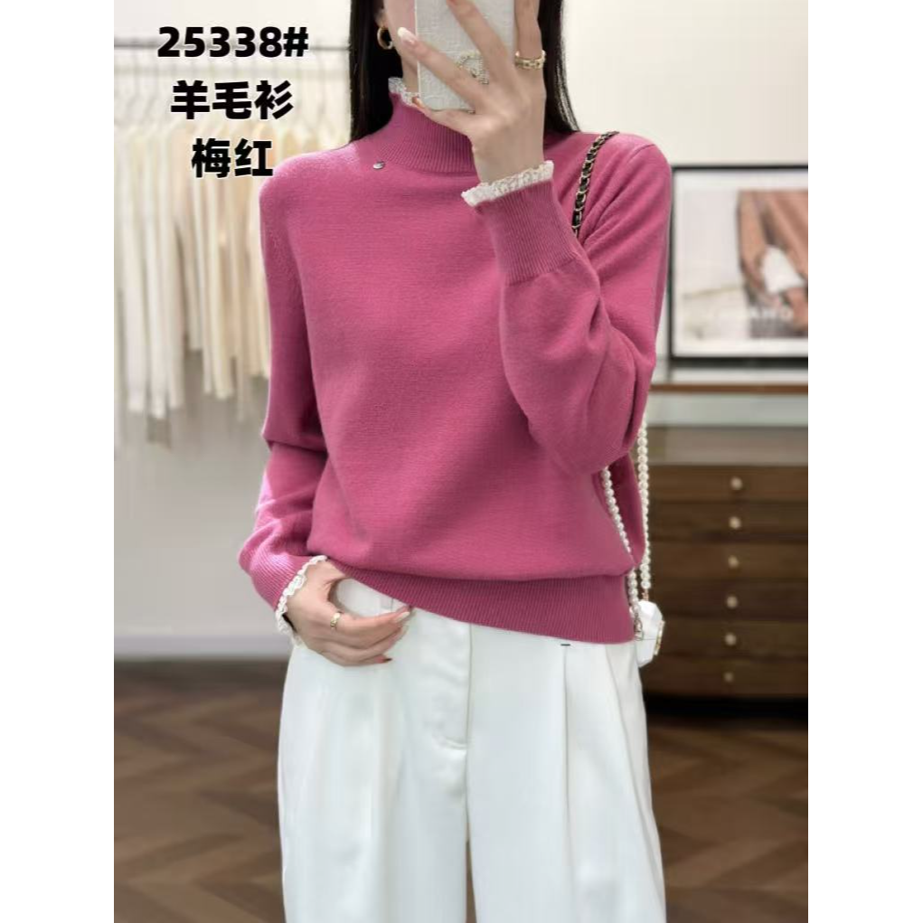 25338时尚花边半高领百搭纯色气质圆领羊毛毛衣