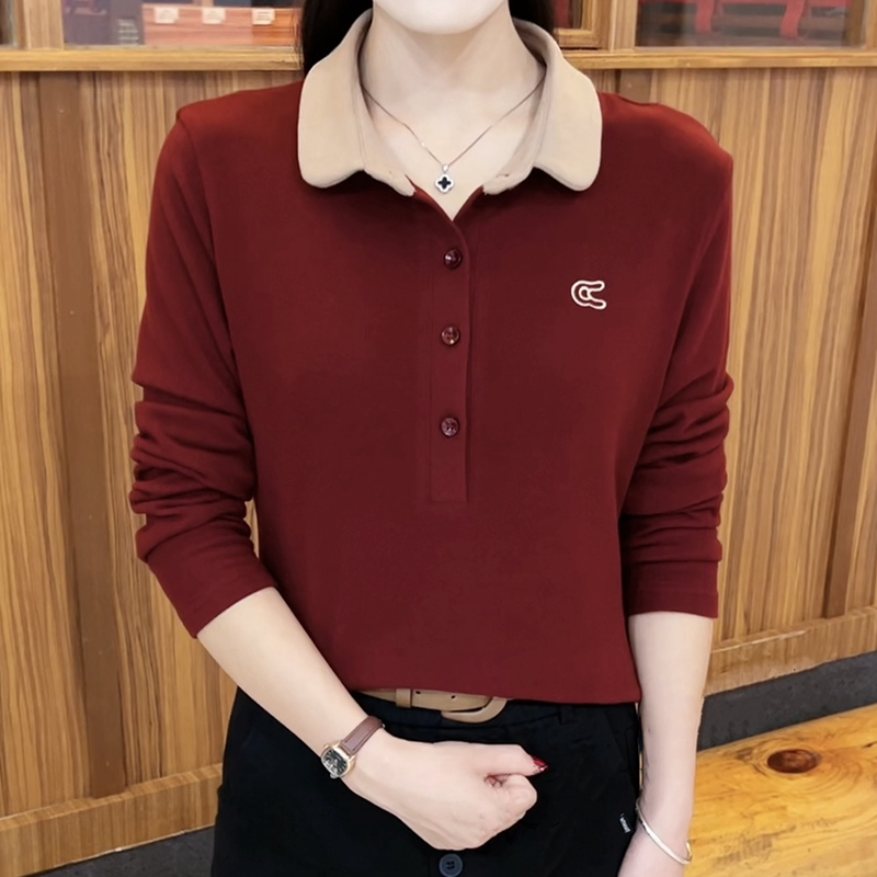新款春秋薄款女上衣有领POLO领撞色刺绣打底衫长袖妈妈装