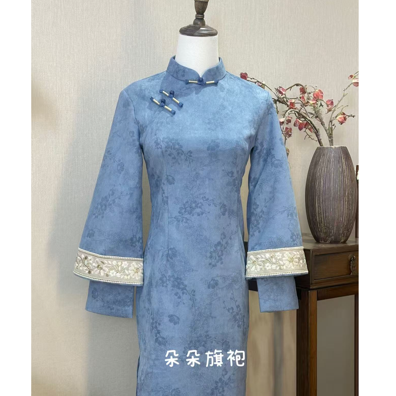 （青韵)长袖新中式常规款日常长裙旗袍冬款蕾丝夏季蓝色