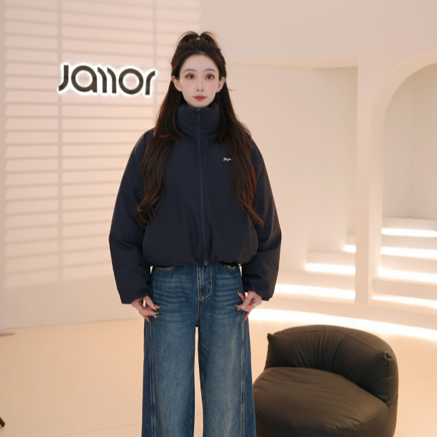 加墨休闲时尚夜蓝色花苞短款羽绒服女2025年冬季新款DDY589101