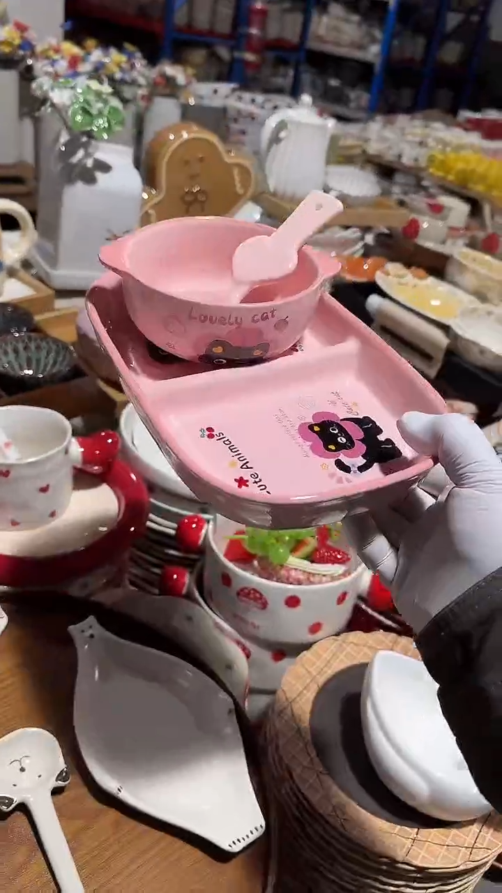 陶瓷粉色分餐盘3件套微瑕 凑满20元包邮