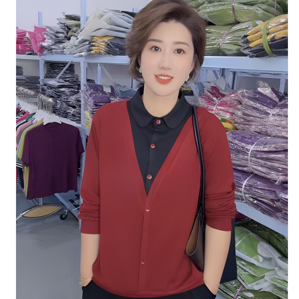 秋季新款女士简约百搭宽松减龄洋气拼色假两件翻领长袖打底衫