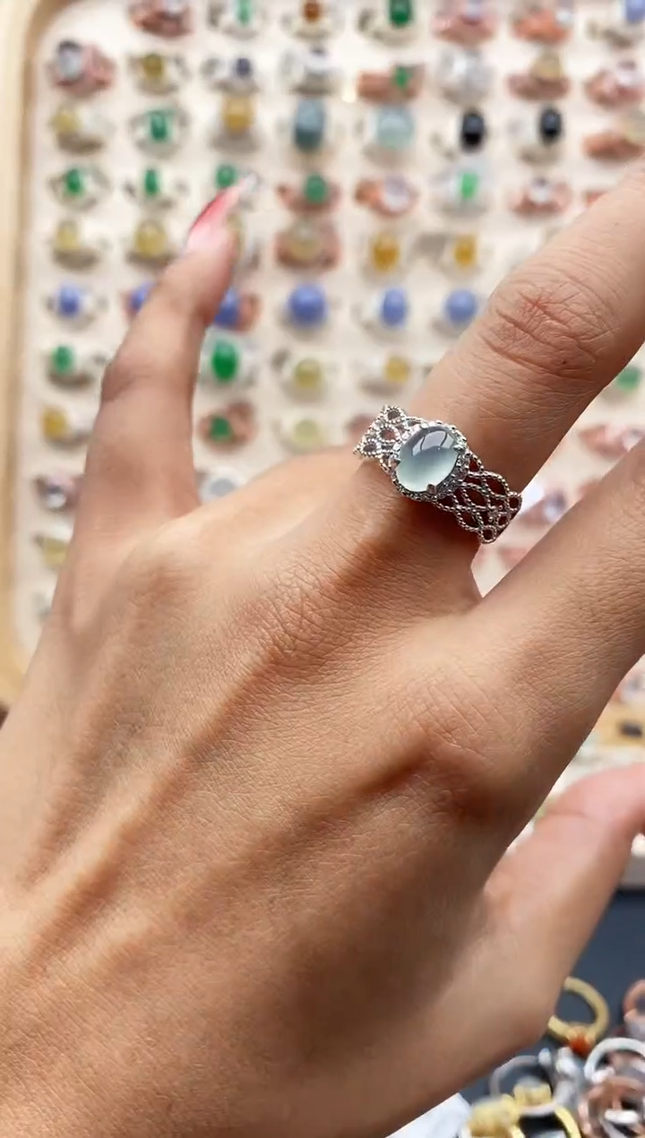 【闪购商品】翡翠戒指银S925镶嵌缅甸天然A货翡翠333  4+10