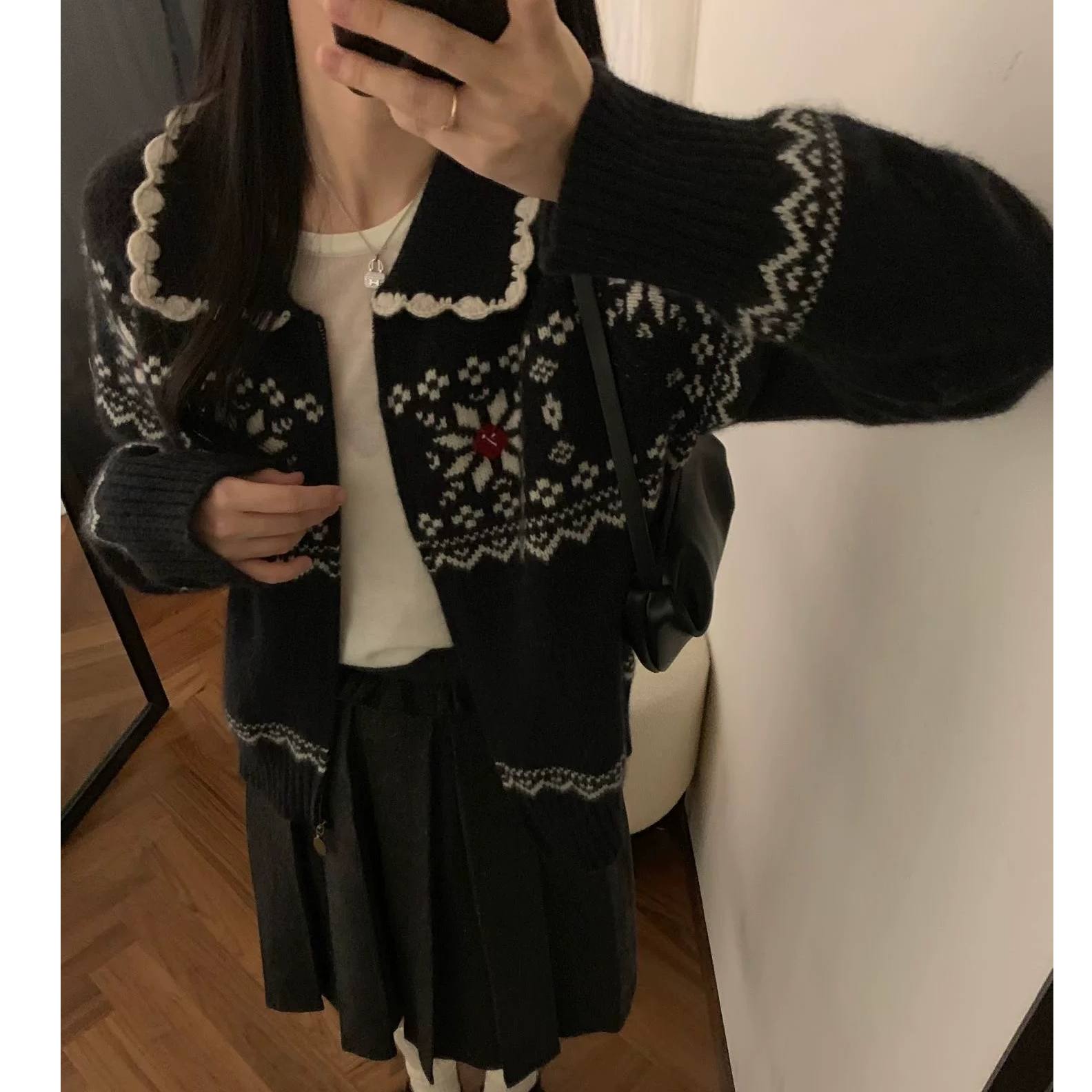 【运费补贴】白色花瓣领边费尔岛女开衫毛衣针织衫显瘦外套