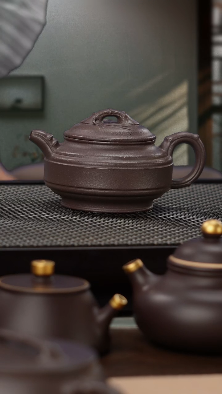 茶壶紫砂大水潭天青泥双线竹鼓160cc
