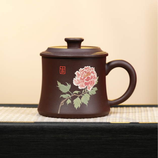 赵掌柜紫砂  紫泥盖杯     泥绘                               