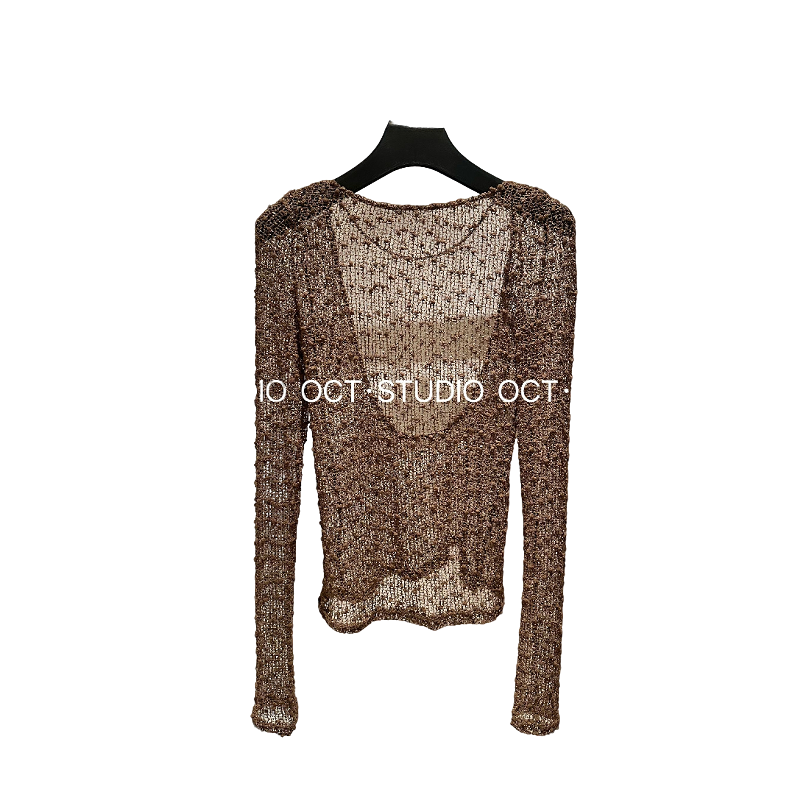 春季新款设计师款性感针织网纱露背上衣气质蕾丝长袖时尚镂空修身