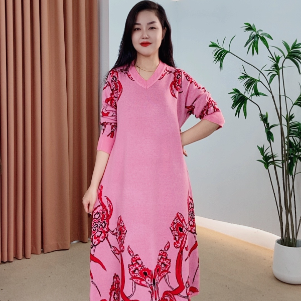  278时尚网红百搭显瘦秋冬针织连衣裙提花不褪色高弹力新中式