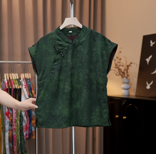 【绿悠】国风衬衫女唐装旗袍上衣2025夏季新款盘扣立领短袖衬衣