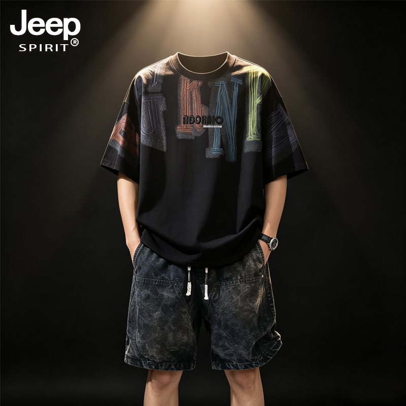 JEEPSPIRIT吉普男夏季新款圆领短袖短裤潮流百搭运动宽松休闲套装