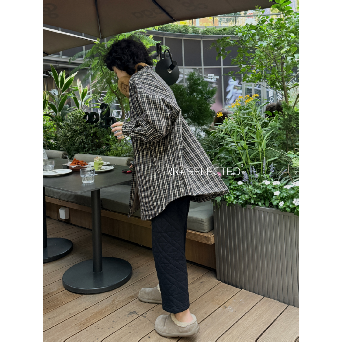 20992秋冬设计感拼色格纹棉衬衫女宽松通勤百搭夹棉外套女