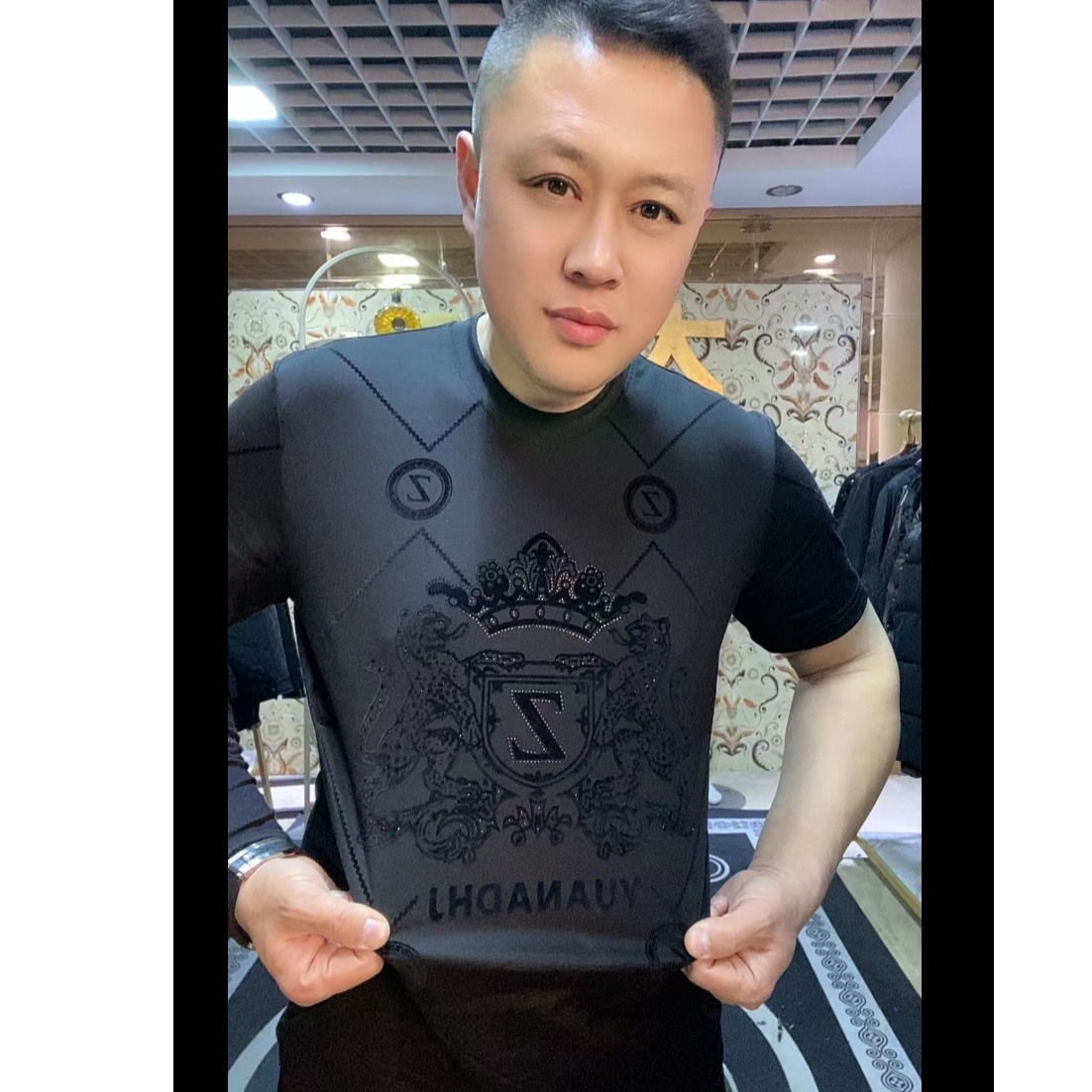 【大咖汇】夏季新款男士短袖皇冠百搭植绒修身高品质短袖半袖1586