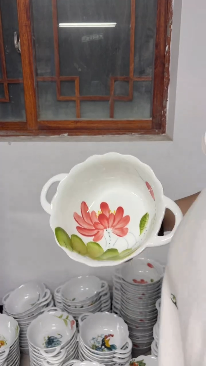 瓷片景德镇陶瓷食品级手绘釉中彩-双耳汤碗