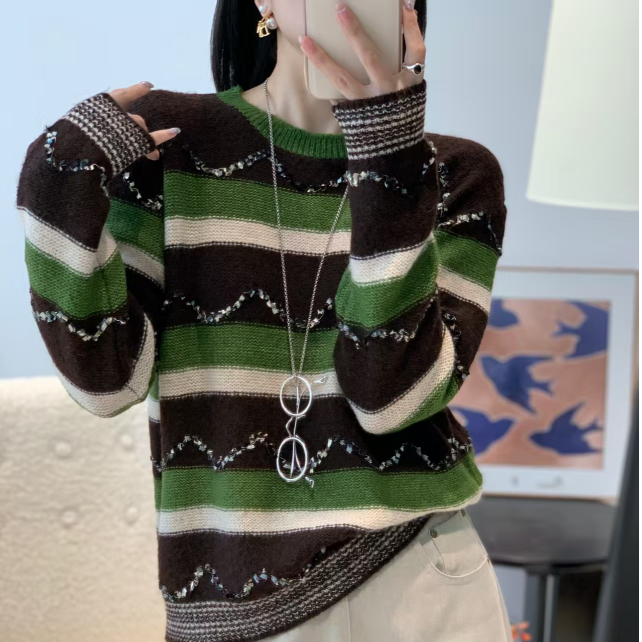 【例畔精选】韩版气质圆领撞色条纹波浪减龄洋气针织衫A889#