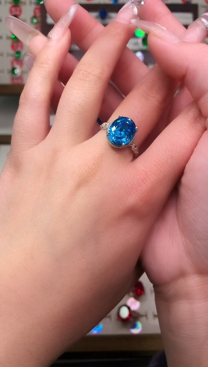 无925银典藏 轻奢 蓝色系精切莲花鸟巢切10*12银托戒指