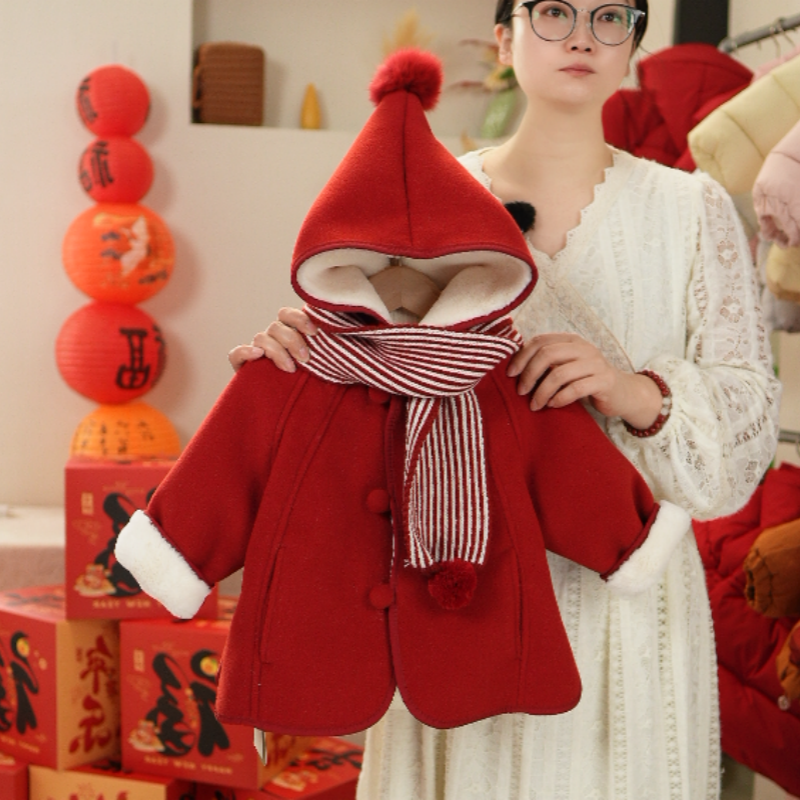 【送围巾】宝宝秋冬毛呢百搭呢大衣女童大衣红色保暖拜年服儿童连帽