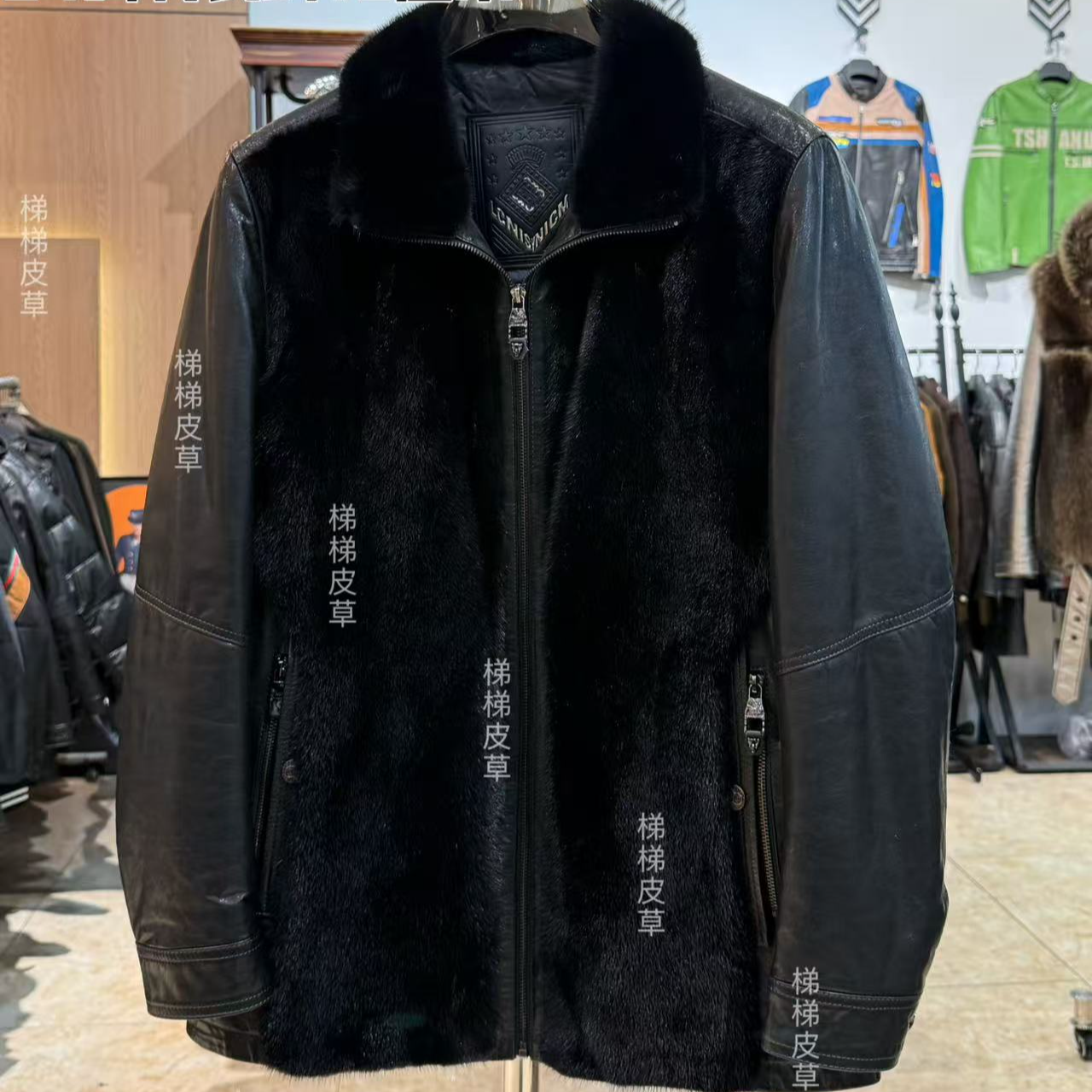 潮牌男装真皮山羊皮水貂冬装外套男款休闲夹克2237现货黑色